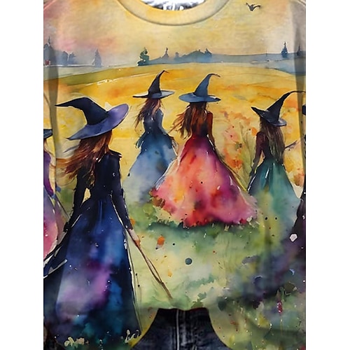 Trendy Halloween Witch Print Short Sleeve Crew Neck T-Shirt in Yellow for Summer Casual Wear