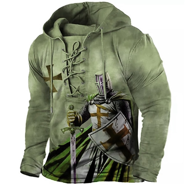 Distressed Graphic Print Pullover Hoodie with Knights Templar Design - Casual and Designer 3D Print Sweatshirt for Sports & Daily Wear