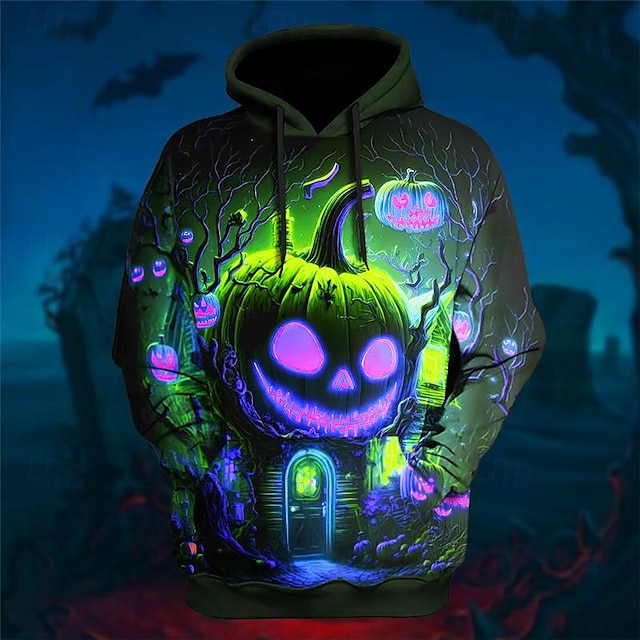Seasonal Graphic Pumpkin Print 3D Pullover Hoodie for Halloween and Holiday Outings in Blue, Purple, and Green Cotton